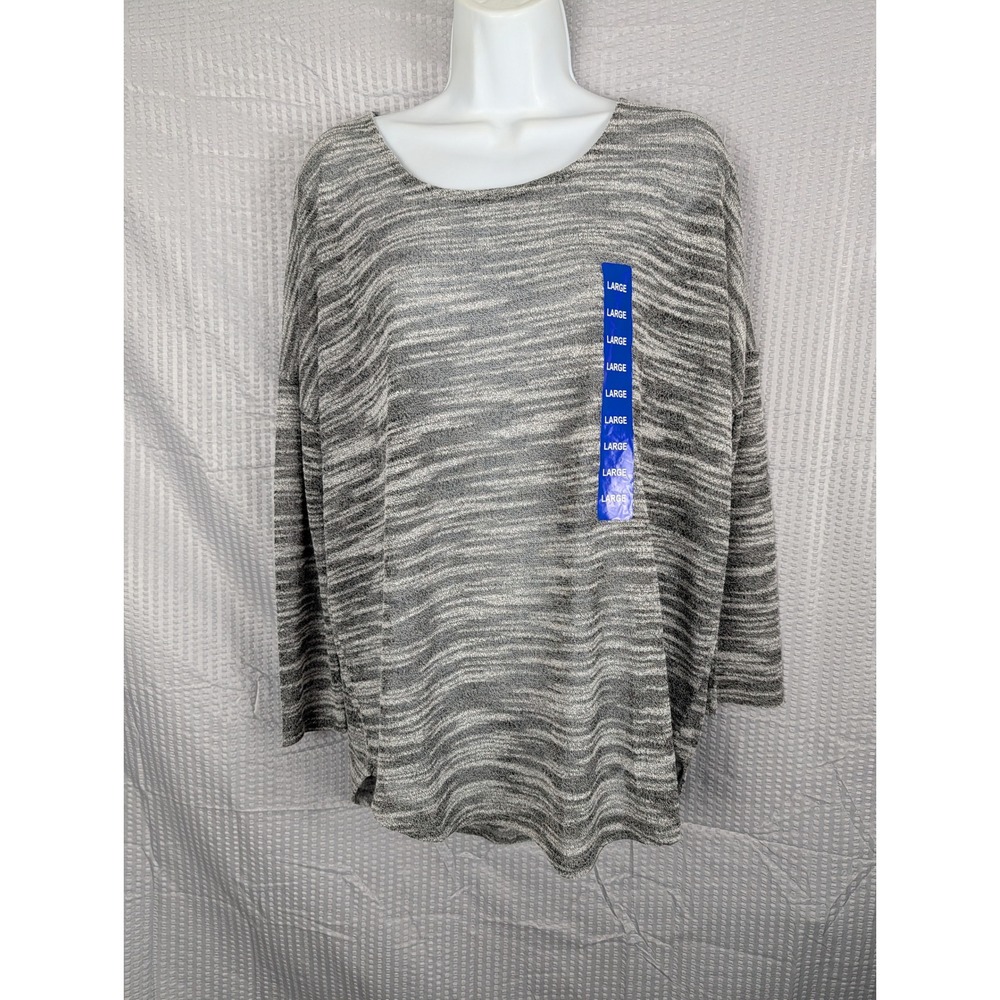 Olive and Oak Womens L NWT‎ Gray Black Striped Sheer Oversized Pullover Top